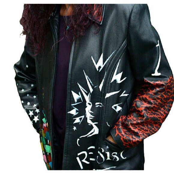 Vintage black leather, hip-length zip up jacket, hand painted retro, rose sz M - Picture 3 of 10